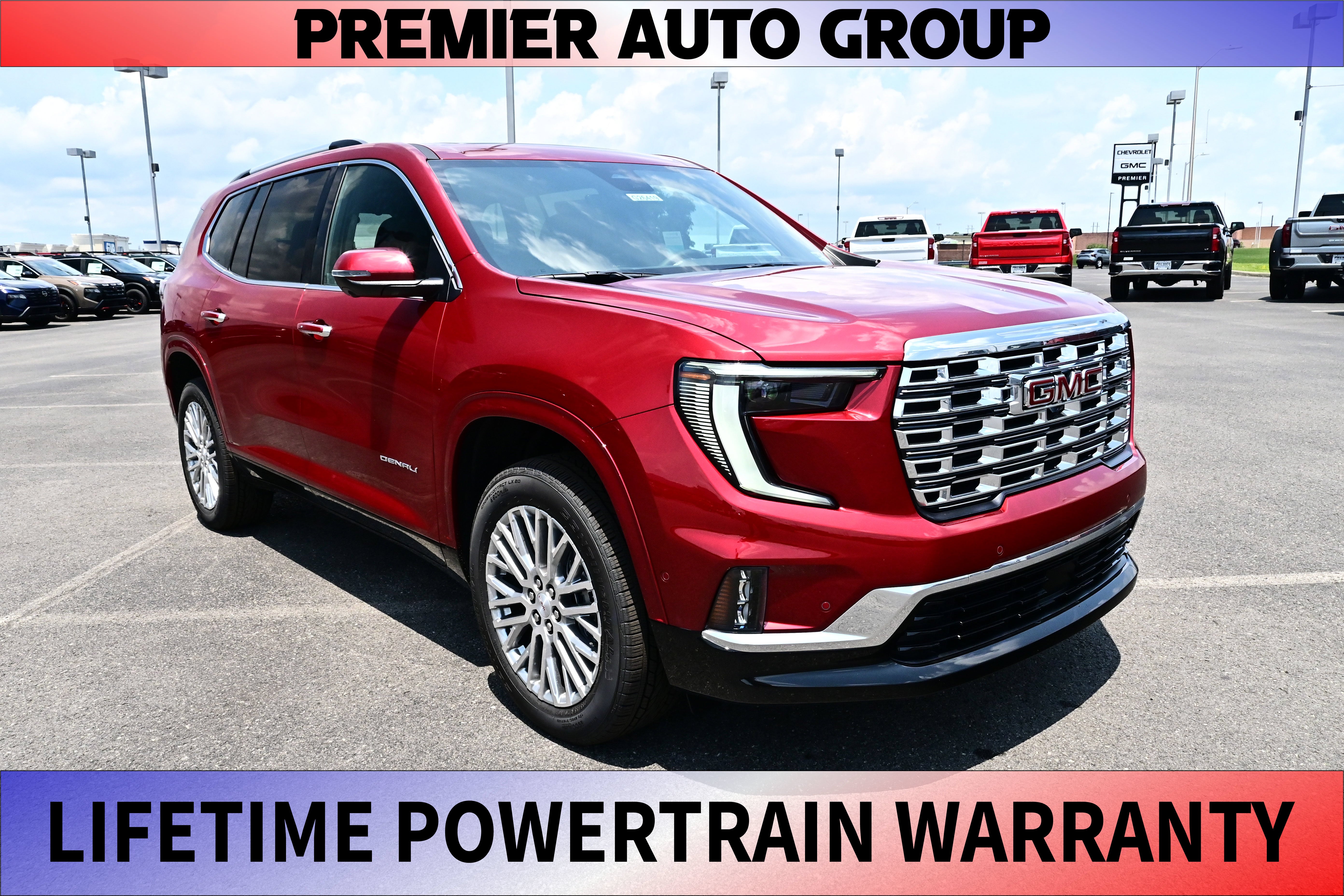 2026 GMC Acadia Denali in Volcanic Red Tintcoat — front three-quarter view