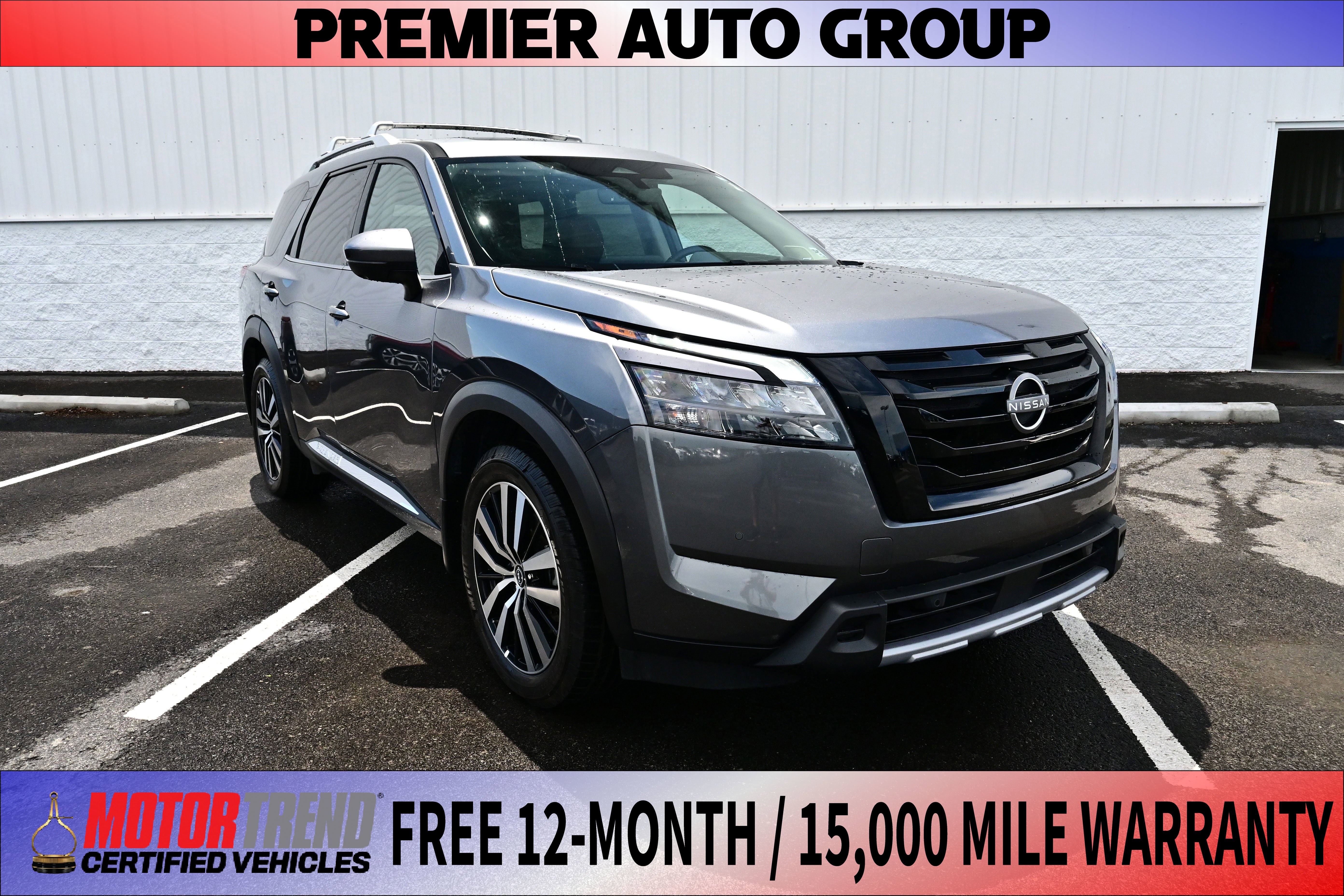 2025 Nissan Pathfinder Platinum in Kad/Gun Metall — front three-quarter view
